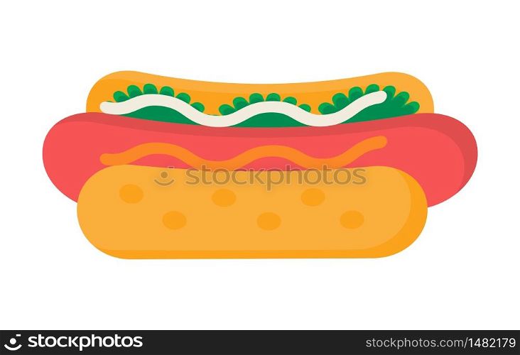 Hot dog icon vector illustration. Fast food concept. Fried sausage, ketchup, salad, bread and mustard are shown.. Hot dog icon vector illustration. Fast food concept. Fried sausage, ketchup, salad, bread and mustard