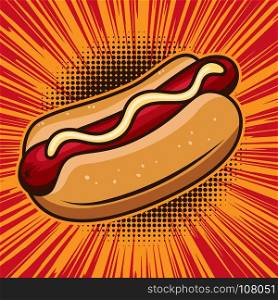 Hot dog illustration in comic style. Design element for poster, emblem, banner. Vector illustration