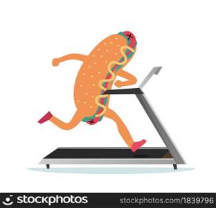 Hot dog is running. Weight loss concept. Cartoon junk food mascot exercising on treadmill. Fat meal training in gym for slimming. Isolated workout cute character. Vector healthy sport activities. Hot dog is running. Weight loss concept. Cartoon food mascot exercising on treadmill. Fat meal training in gym for slimming. Workout cute character. Vector healthy sport activities