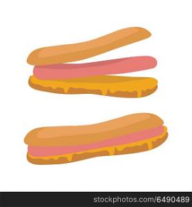 Hot Dog Isolated on White. Sandwich with Sausage. Hot dog isolated on white. Sandwich with sausage and mustard. Junk unhealthy food. Consumption of high calories nourishment fast food. Part of series of promotion healthy diet and good fit. Vector