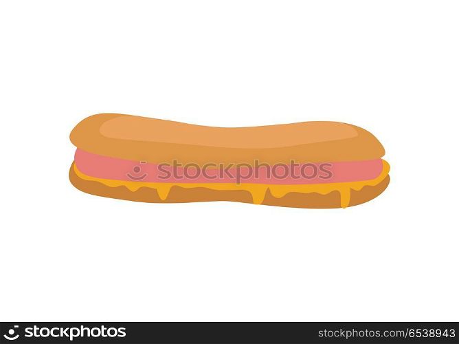 Hot Dog Isolated on White. Sandwich with Sausage. Hot dog isolated on white. Sandwich with sausage and mustard. Junk unhealthy food. Consumption of high calories nourishment fast food. Part of series of promotion healthy diet and good fit. Vector
