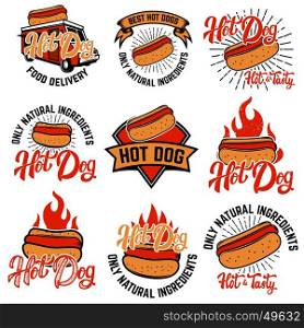 hot dog labels. Handwritten lettering logo, label, badge. Isolated on white background. Vector illustration.
