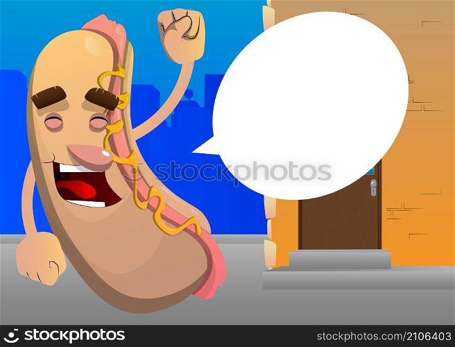 Hot Dog making power to the people fist gesture. American fast food as a cartoon character with face.
