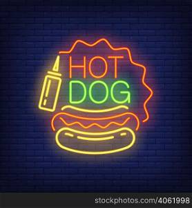 Hot dog neon sign. Sausage loaf, mustard and star shaped frame on brick wall background. Night bright advertisement. Vector illustration in neon style for fast food restaurant
