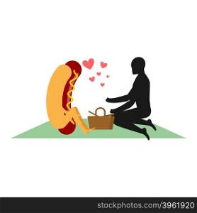 Hot dog on picnic. date in Park. Fast food and people. Rural jaunt in love with food. Meal in nature. Plaid and basket for food on lawn. Man and muffin with sausage. Romantic meal illustration&#xA;
