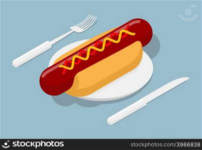 Hot dog on plate isometric. 3D fast food. Cutlery fork and knife. Kitchenware. Bun and sausage. Ketchup and mustard&#xA;