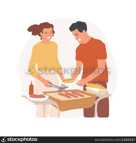 Hot dog party isolated cartoon vector illustration Hot dog ingredients in plates on the table, parents grill sausages, family BBQ, leisure time, children put ketchup on top vector cartoon.. Hot dog party isolated cartoon vector illustration