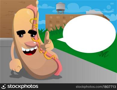 Hot Dog pointing at the viewer with his hand. American fast food as a cartoon character with face.