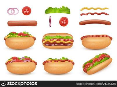 Hot dog realistic. Fast food ingredients sausage tomato onion ketchup mayonez sauce salad decent vector hot dog illustrations. Hot dog with sausage and mustard ketchup. Hot dog realistic. Fast food ingredients sausage tomato onion ketchup mayonez sauce salad decent vector hot dog illustrations