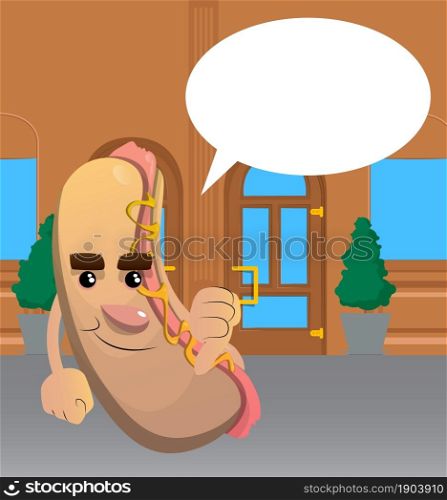 Hot Dog showing dislike hand sign. American fast food as a cartoon character with face.