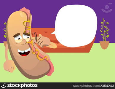 Hot Dog shows a you re nuts gesture by twisting his finger around his temple. American fast food as a cartoon character with face.