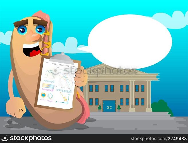 Hot Dog shows finance report. American fast food as a cartoon character with face.