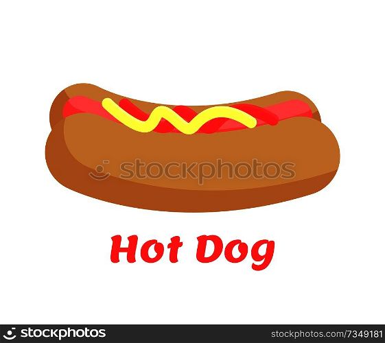 Hot dog street food colorful vector illustration of tasty fast snack with sausage and ketchup mustard on it, hot-dog logo isolated white backdrop. Hot Dog Street Food Colorful Vector Illustration