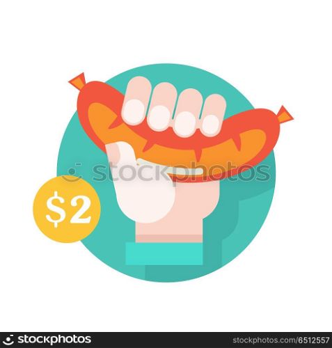 Hot dog. Tasty sausage in a bun. Vector illustration in flat sty. A big delicious Wiener in his hand. Circle for writing the price. Vector illustration. Sausages, hot dogs.
