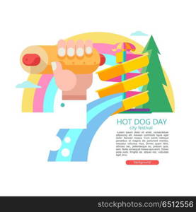 Hot dog. Tasty sausage in a bun. Vector illustration in flat sty. Hot dog. Hand holding a hot dog, sausage in a bun. Fast food on vacation in the water Park. Scene with a water slide in the water Park, rainbow and forest. Vector illustration. There is room for text.