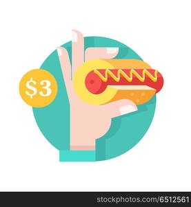 Hot dog. Tasty sausage in a bun. Vector illustration in flat sty. Hot dog. Hand holding a delicious hot dog. Sausage in the bun. Vector illustration in flat style. In the dialog cloud, the inscription is Yummy.