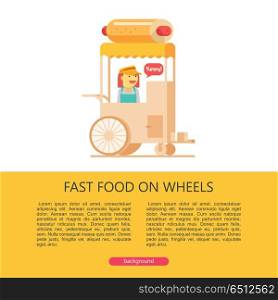 Hot dog. Tasty sausage in a bun. Vector illustration in flat sty. Hot dog. Sausage in a bun with mustard. Hot fast food. Cart, kiosk for selling hot dogs. Fast food on wheels. Vector illustration with place for text.