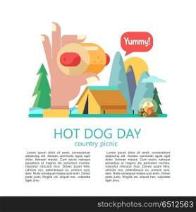 Hot dog. Tasty sausage in a bun. Vector illustration in flat sty. Hot dog. Hand holding a hot dog, sausage in a bun. Fast food at the picnic. Scene with a mountain landscape with tent and bonfire. Vector illustration.