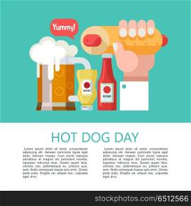 Hot dog. Tasty sausage in a bun. Vector illustration in flat sty. Hot dog. Hand holding a hot dog, sausage in a bun. Hot fast food. Mustard and ketchup bottles. A large mug of beer. Vector illustration.