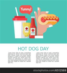Hot dog. Tasty sausage in a bun. Vector illustration in flat sty. Hot dog. Hand holding a hot dog, sausage in a bun. Hot fast food. Mustard and ketchup bottles. A drink. Vector illustration.