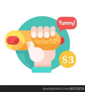 Hot dog. Tasty sausage in a bun. Vector illustration in flat sty. Hot dog. Hand holding a delicious hot dog. Sausage in the bun. Vector illustration in flat style. In the dialog cloud, the inscription is Yummy.