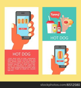 Hot dog. Tasty sausage in a bun. Vector illustration in flat sty. Hot dog. Sausage in a bun with mustard. The hand holds a smartphone. Hot fast food. Order hot dogs through the app on your smartphone. Hot dog in hand, standing next to a bottle of mustard and ketchup. A plastic Cup of drink. Vector illustration with place for text.