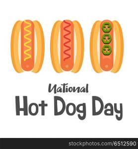 Hot dog. Tasty sausage in a bun. Vector illustration in flat sty. Hot dog. National hot dog day. Three sausage rolls. Hot dog with mustard, hot dog with ketchup and hot pepper. Vector illustration.