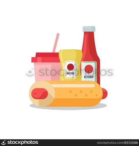 Hot dog. Tasty sausage in a bun. Vector illustration in flat sty. Hot dog. Bun and sausage. Hot fast food. Mustard and ketchup bottles. A glass of drink. Vector illustration.