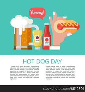 Hot dog. Tasty sausage in a bun. Vector illustration in flat sty. Hot dog. Hand holding a hot dog, sausage in a bun. Hot fast food. Mustard and ketchup bottles. A large mug of beer. Vector illustration.