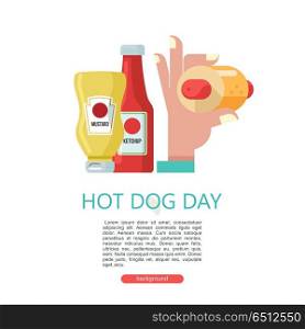 Hot dog. Tasty sausage in a bun. Vector illustration in flat sty. Sausage. Hand holding a delicious hot dog. Sausage in a bun. Bottle of ketchup and mustard. Vector illustration in flat style.