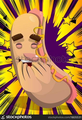 Hot Dog with hands over mouth. American fast food as a cartoon character with face.