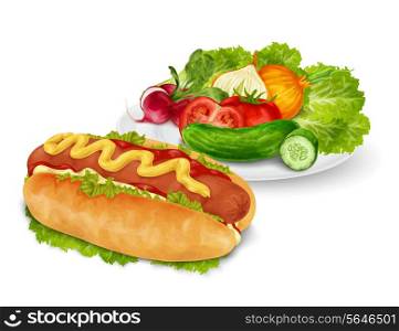 Hot dog with mustard and ketchup fast food with vegetable salad isolated on white background vector illustration