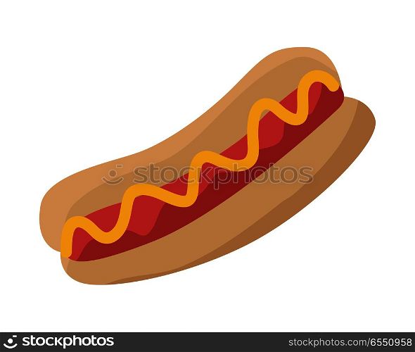 Hot dog with sausage, ketchup and bread isolated on white. American hot dog sandwich. Illustration of delicious tasty fast food. Sandwich with sausage and mustard. Junk unhealthy food. Vector. Hot Dog with Sausage, Ketchup and Bread Isolated