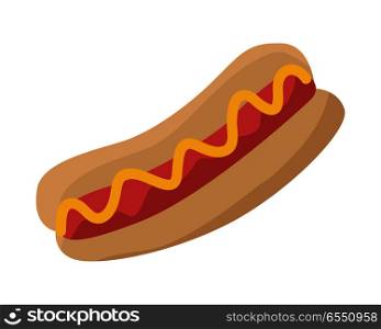 Hot dog with sausage, ketchup and bread isolated on white. American hot dog sandwich. Illustration of delicious tasty fast food. Sandwich with sausage and mustard. Junk unhealthy food. Vector. Hot Dog with Sausage, Ketchup and Bread Isolated