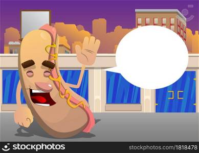 Hot Dog with waving hand. American fast food as a cartoon character with face.