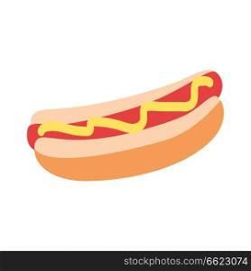 Hot dog with yellow mustard graphic flat design isolated on white. Classic american fast food for poster, menus, brochure, web and icon fastfood. Vector illustration in cartoon style hand drawn image.. Hot Dog with Yellow Mustard Graphic Flat Icon