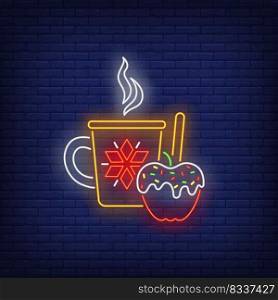 Hot drink and apple in caramel neon sign. Tea, glint wine, dessert. Night bright advertisement. Vector illustration in neon style for poster, banner