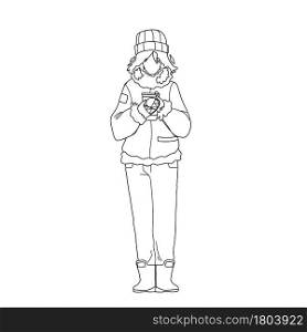 Hot Drink Drinking Woman In Winter Day Black Line Pencil Drawing Vector. Young Girl Wearing Warm Season Clothes Holding Hot Drink Coffee Or Tea Cup. Character Warming With Beverage Illustration. Hot Drink Drinking Woman In Winter Day Vector