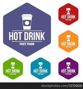 Hot drink icons vector colorful hexahedron set collection isolated on white . Hot drink icons vector hexahedron