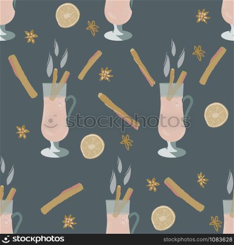 Hot drink mulled wine and spices pink silhouette seamless pattern on grey background. Festive textile, web, wrapping paper, background fill.. Hot drink mulled wine and spices pink silhouette seamless pattern on grey background