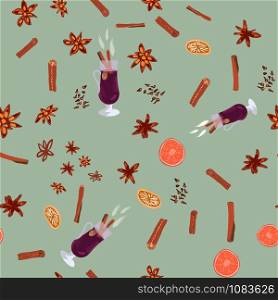 Hot drink mulled wine and spices seamless pattern on green background. Festive textile, web, wrapping paper, background fill.. Hot drink mulled wine and spices seamless pattern on green background