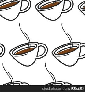 Hot drink Singapore coffee or tea cup seamless pattern vector beverage in dishware steam or vapor endless texture brewing or preparing traveling and tourism drinking and relaxation wallpaper print.. Singapore coffee hot drink or tea in cup seamless pattern