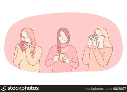 Hot drinks during cold seasons concept. Young positive women cartoon characters holding mugs and drinking hot drinks tea, coffee, cocoa for warming up during attune in winter vector illustration . Hot drinks during cold seasons concept