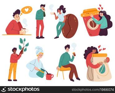 Hot drinks people. Tiny characters with tea and coffee products, warm beverages lovers, men and women relax with cups, cozy atmosphere, people in home or cafe vector cartoon flat style isolated set. Hot drinks people. Tiny characters with tea and coffee products, warm beverages lovers, men and women relax with cups, cozy atmosphere, people in home or cafe vector cartoon isolated set