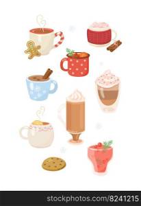 Hot drinks with whipped cream in mugs cartoon illustration set. Colorful winter drinks, coffee with cinnamon, tea, cacao with marshmallows, hot chocolate, cookie. Beverage, holiday, Christmas concept
