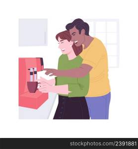Hot espresso isolated cartoon vector illustrations. Young happy couple making espresso with coffee machine, morning rituals, home kitchen appliances, romantic relationship vector cartoon.. Hot espresso isolated cartoon vector illustrations.