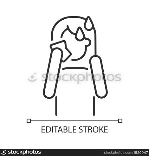 Hot flashes and sweating linear icon. Panic attack symptom. High temperature and perspiration. Thin line customizable illustration. Contour symbol. Vector isolated outline drawing. Editable stroke. Hot flashes and sweating linear icon
