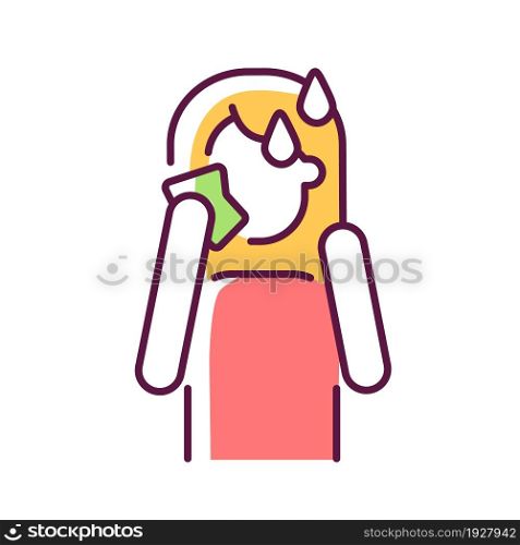 Hot flashes and sweating RGB color icon. Panic attack symptom. High temperature and perspiration due to anxiety. Mental disorder. Isolated vector illustration. Simple filled line drawing. Hot flashes and sweating RGB color icon