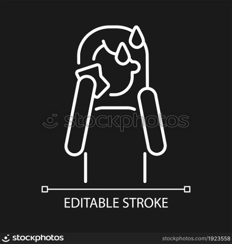 Hot flashes and sweating white linear icon for dark theme. Panic attack symptom. Mental disorder. Thin line customizable illustration. Isolated vector contour symbol for night mode. Editable stroke. Hot flashes and sweating white linear icon for dark theme