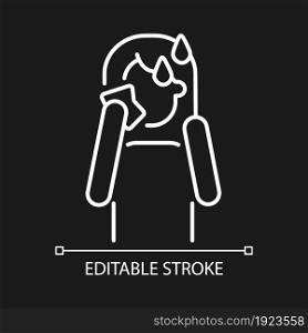 Hot flashes and sweating white linear icon for dark theme. Panic attack symptom. Mental disorder. Thin line customizable illustration. Isolated vector contour symbol for night mode. Editable stroke. Hot flashes and sweating white linear icon for dark theme